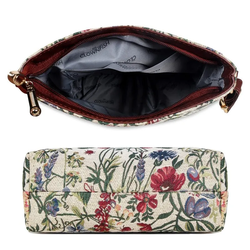 THE CLOWNFISH Flavia Series Sling for Women Tapestry Fabric & Faux leather Casual Ladies Single Shoulder Bag For Women Crossbody Bag for College Girls (Beige)