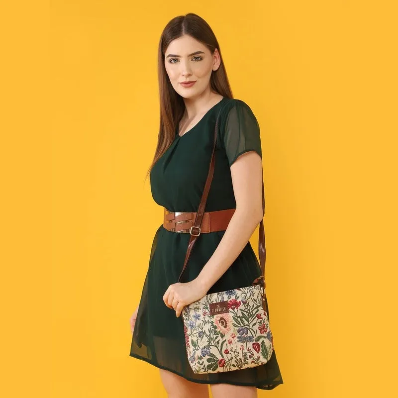 THE CLOWNFISH Flavia Series Sling for Women Tapestry Fabric & Faux leather Casual Ladies Single Shoulder Bag For Women Crossbody Bag for College Girls (Beige)