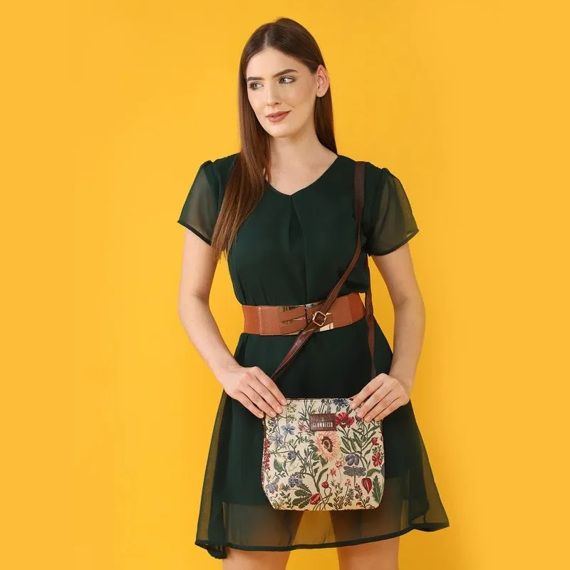 THE CLOWNFISH Flavia Series Sling for Women Tapestry Fabric & Faux leather Casual Ladies Single Shoulder Bag For Women Crossbody Bag for College Girls (Beige)