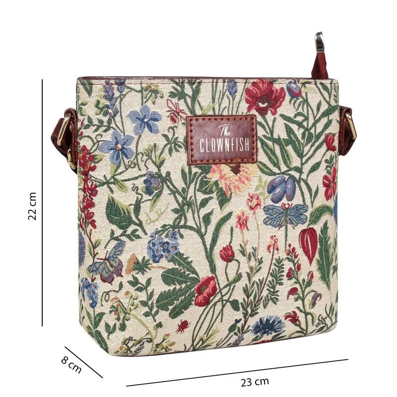 THE CLOWNFISH Flavia Series Sling for Women Tapestry Fabric & Faux leather Casual Ladies Single Shoulder Bag For Women Crossbody Bag for College Girls (Beige)