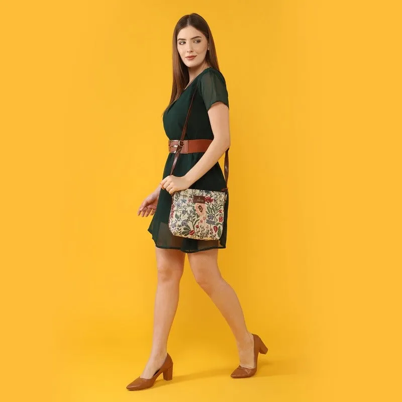 THE CLOWNFISH Flavia Series Sling for Women Tapestry Fabric & Faux leather Casual Ladies Single Shoulder Bag For Women Crossbody Bag for College Girls (Beige)