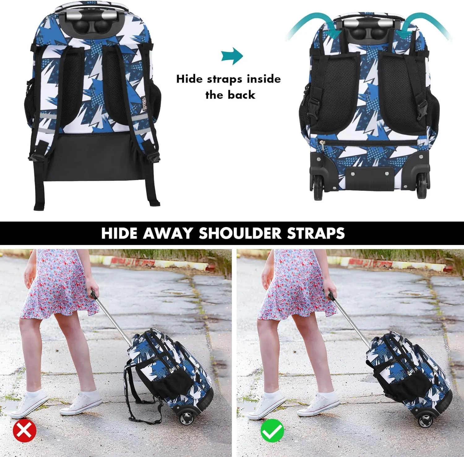 Tilami Rolling Backpack for Kids 18 Inch Wheeled Bookbag for Boys & Girls for School & Travel,Arts Blue