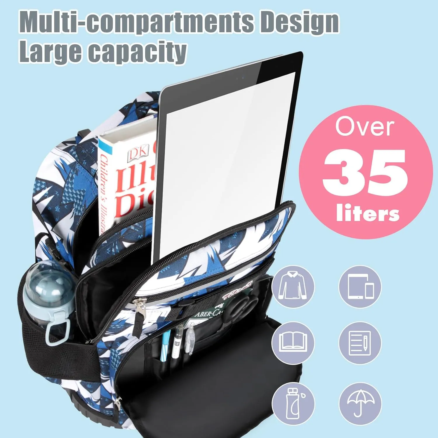 Tilami Rolling Backpack for Kids 18 Inch Wheeled Bookbag for Boys & Girls for School & Travel,Arts Blue