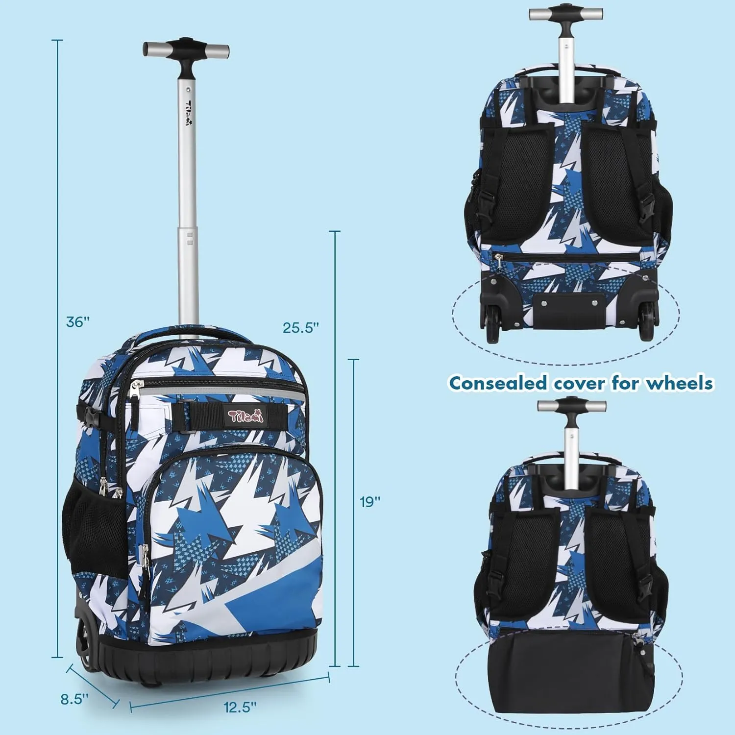 Tilami Rolling Backpack for Kids 18 Inch Wheeled Bookbag for Boys & Girls for School & Travel,Arts Blue