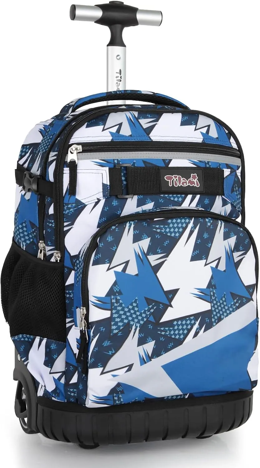 Tilami Rolling Backpack for Kids 18 Inch Wheeled Bookbag for Boys & Girls for School & Travel,Arts Blue