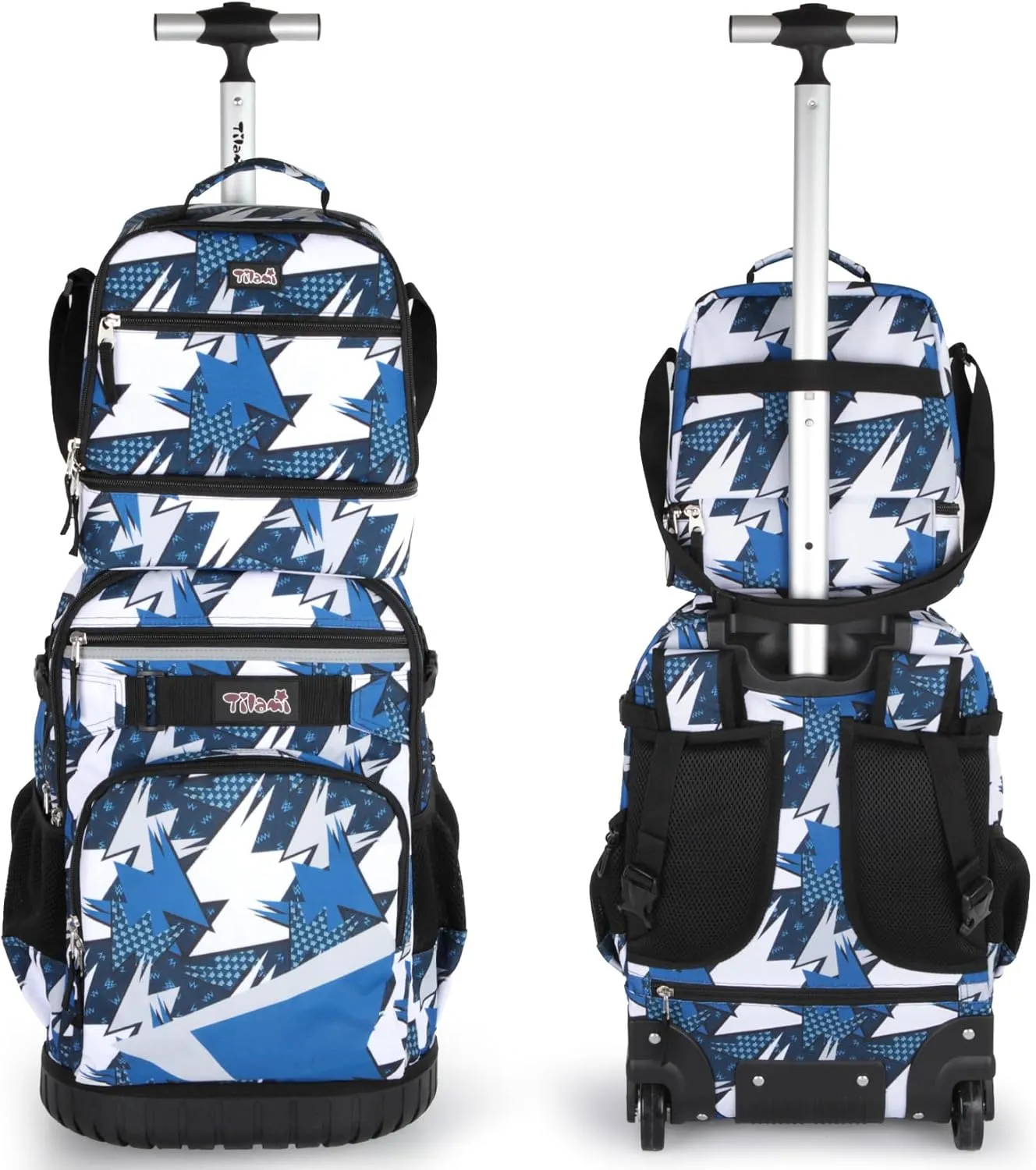 Tilami Rolling Backpack for Kids 18 Inch Wheeled Bookbag for Boys & Girls for School & Travel,Arts Blue