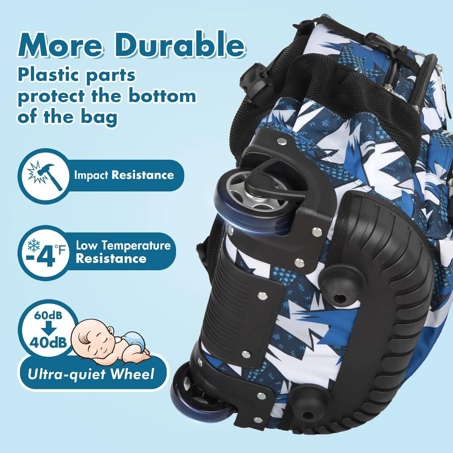 Tilami Rolling Backpack for Kids 18 Inch Wheeled Bookbag for Boys & Girls for School & Travel,Arts Blue