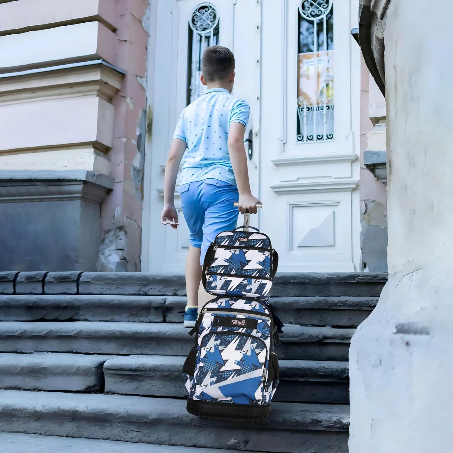 Tilami Rolling Backpack for Kids 18 Inch Wheeled Bookbag for Boys & Girls for School & Travel,Arts Blue