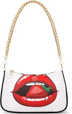 Trendy Strawberry Lips Love Hert Shoulder Handbags for Women Travel Hobo Tote Handbag Women Gold Chain Shoulder Bags Purse with Zipper Closure