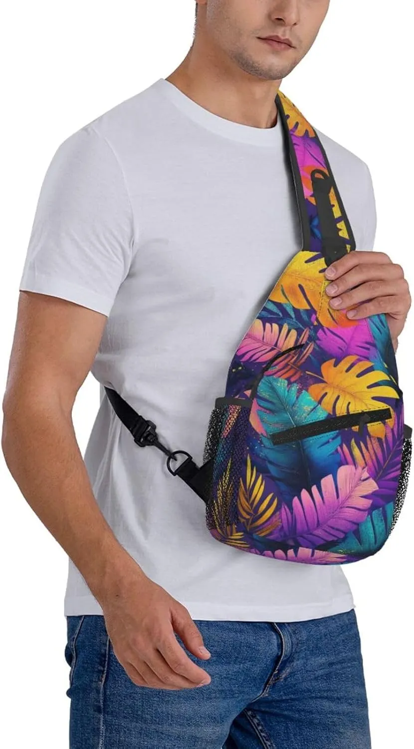 Tropical Leaves Print Sling Bag Crossbody Shoulder Backpack Chest Bags Gym Travel Hiking Casual Daypack