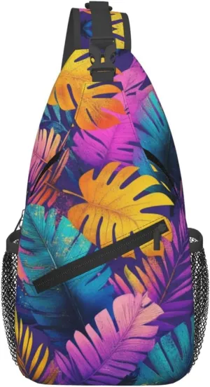 Tropical Leaves Print Sling Bag Crossbody Shoulder Backpack Chest Bags Gym Travel Hiking Casual Daypack