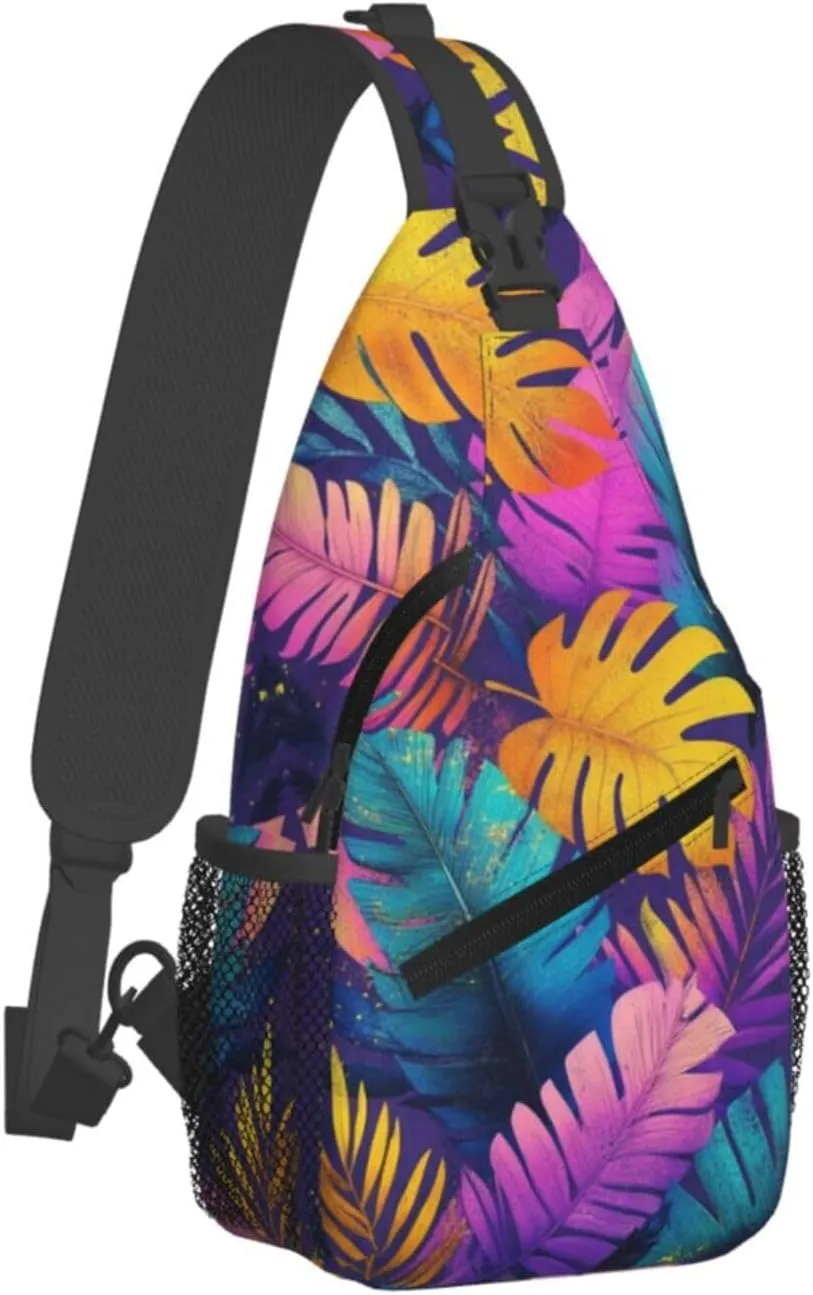 Tropical Leaves Print Sling Bag Crossbody Shoulder Backpack Chest Bags Gym Travel Hiking Casual Daypack