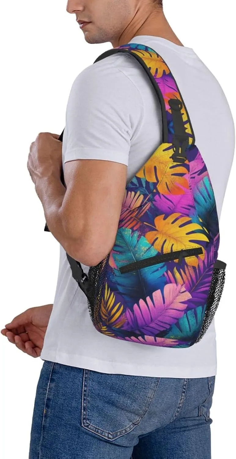 Tropical Leaves Print Sling Bag Crossbody Shoulder Backpack Chest Bags Gym Travel Hiking Casual Daypack