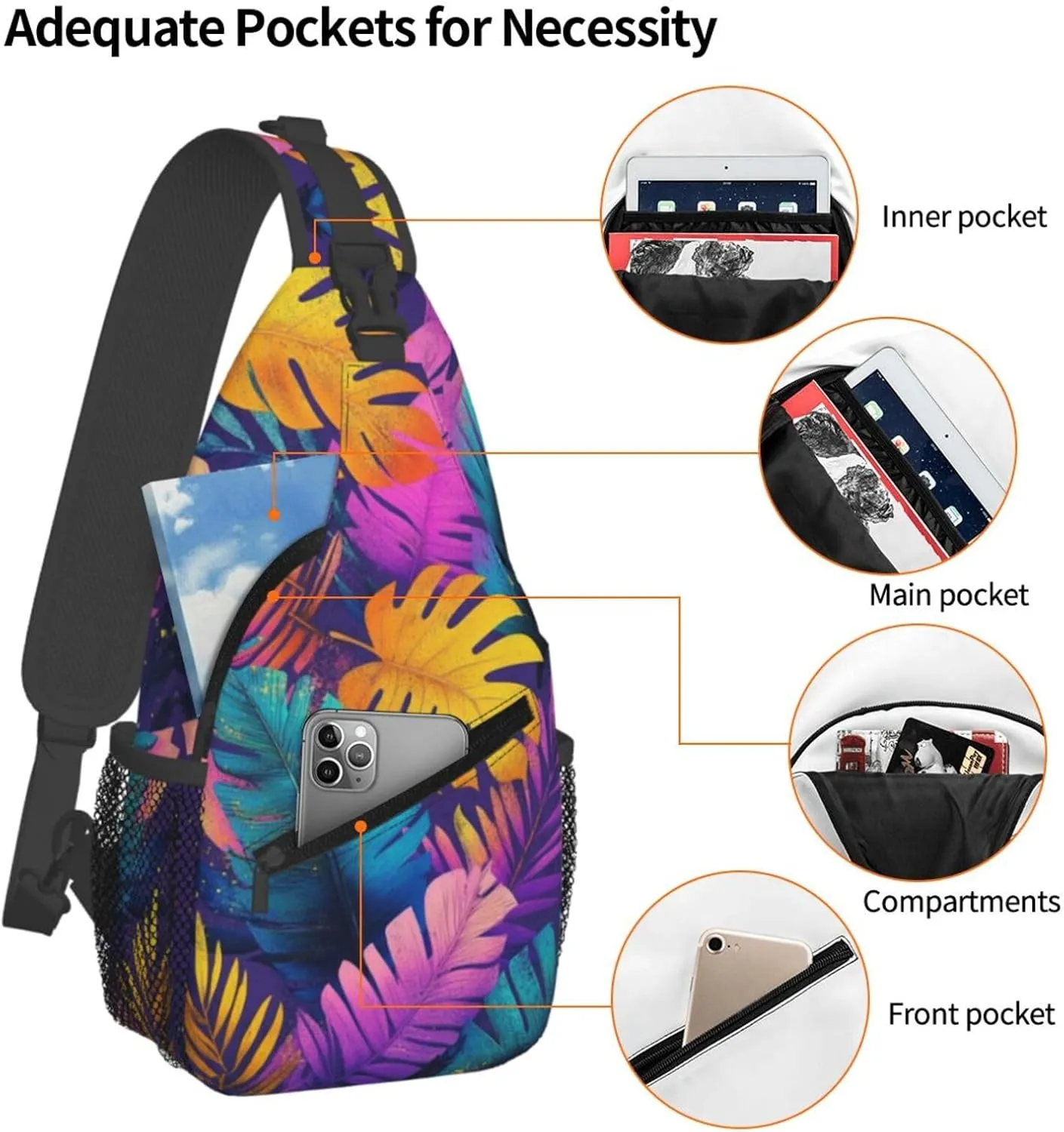 Tropical Leaves Print Sling Bag Crossbody Shoulder Backpack Chest Bags Gym Travel Hiking Casual Daypack