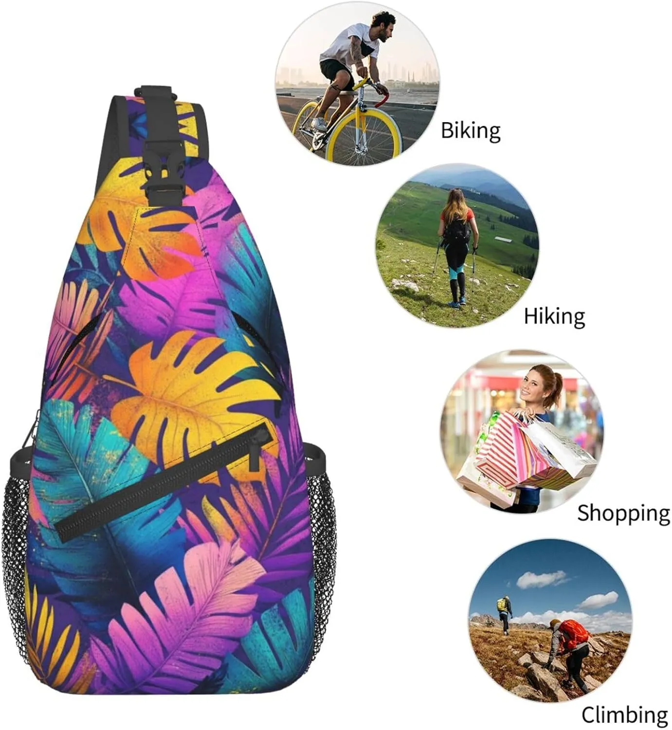 Tropical Leaves Print Sling Bag Crossbody Shoulder Backpack Chest Bags Gym Travel Hiking Casual Daypack
