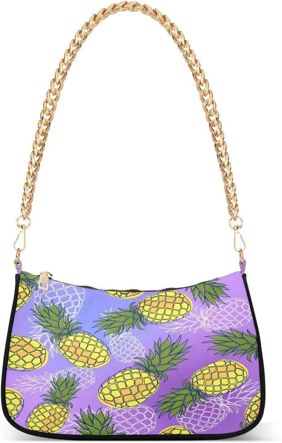 Tropical Pineapple Fruits Purple Shoulder Handbags for Women Travel Hobo Tote Handbag Women Gold Chain Shoulder Bags Purse with Zipper Closure