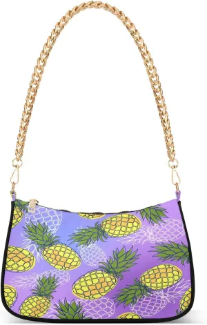 Tropical Pineapple Fruits Purple Shoulder Handbags for Women Travel Hobo Tote Handbag Women Gold Chain Shoulder Bags Purse with Zipper Closure