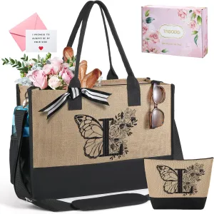 TRSODD Birthday Gifts for Women Christmas Friend, Mono-gram Embroidery Can-vas Tote Bags for Women w Inner Pocket