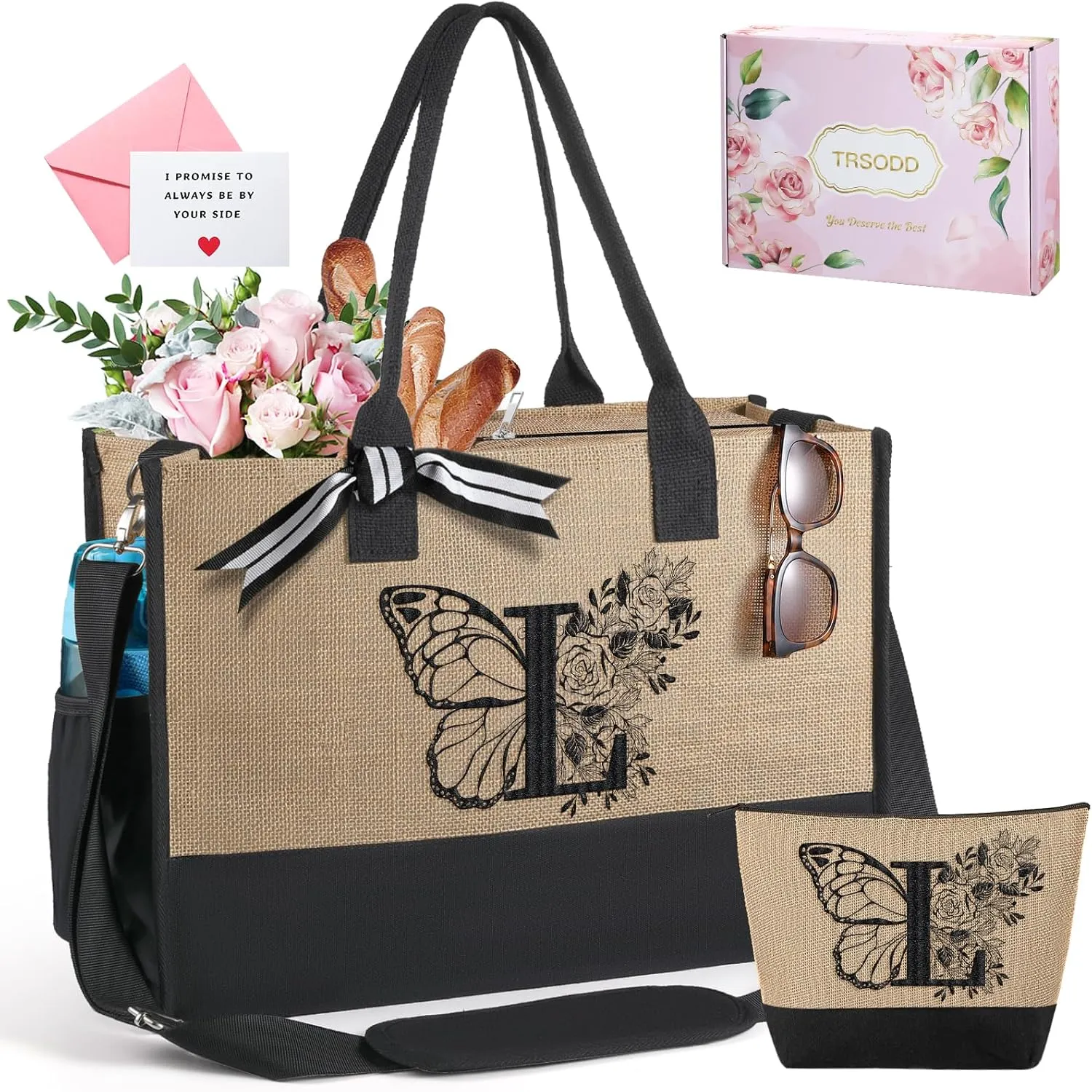 TRSODD Birthday Gifts for Women Christmas Friend, Mono-gram Embroidery Can-vas Tote Bags for Women w Inner Pocket