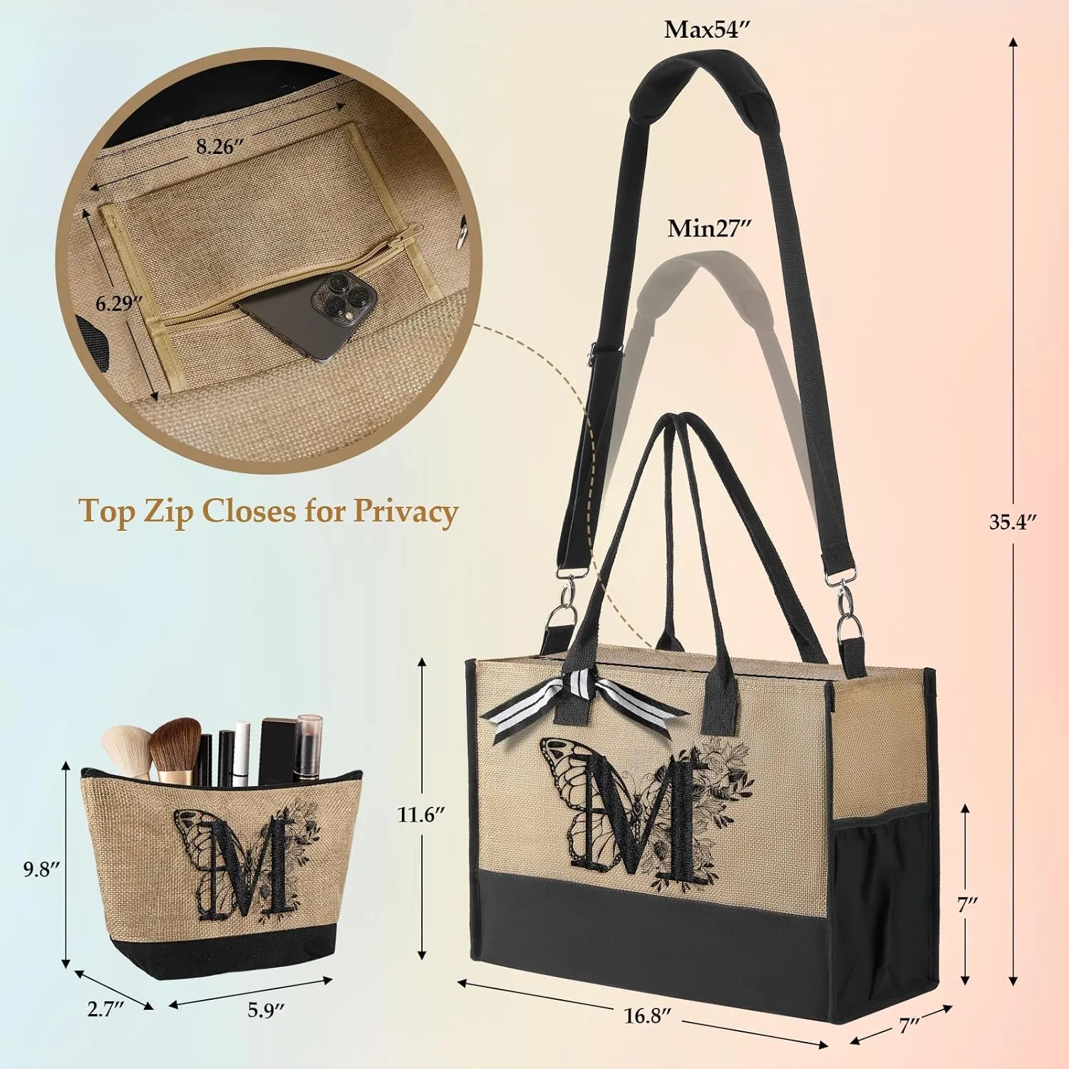 TRSODD Birthday Gifts for Women Christmas Friend, Mono-gram Embroidery Can-vas Tote Bags for Women w Inner Pocket