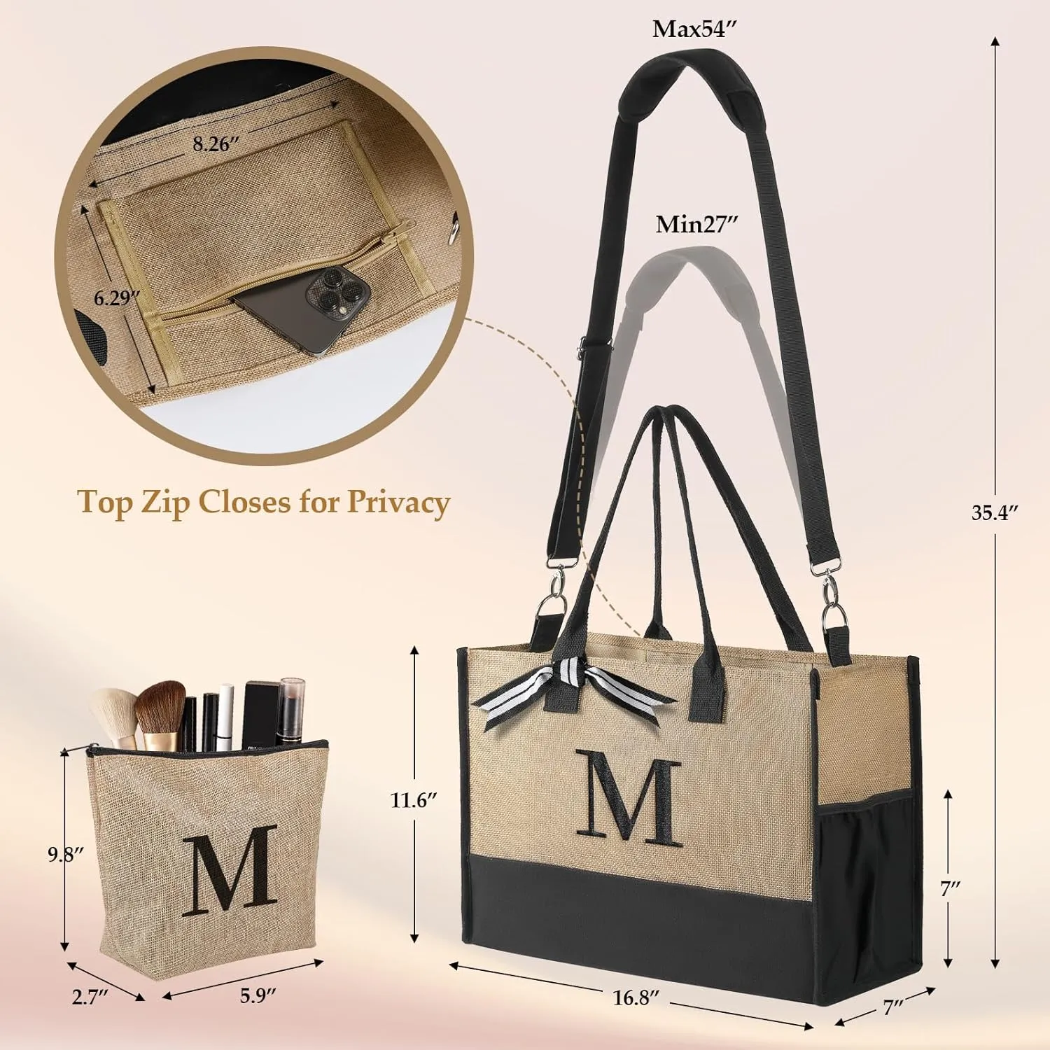 TRSODD Floral Ini-tial Large Tote Bag for Women, Can-vas Beach Bag w Makeup Bag