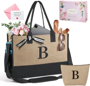 TRSODD Floral Ini-tial Large Tote Bag for Women, Can-vas Beach Bag w Makeup Bag