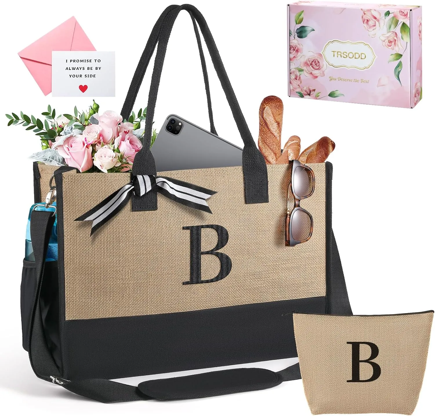 TRSODD Floral Ini-tial Large Tote Bag for Women, Can-vas Beach Bag w Makeup Bag
