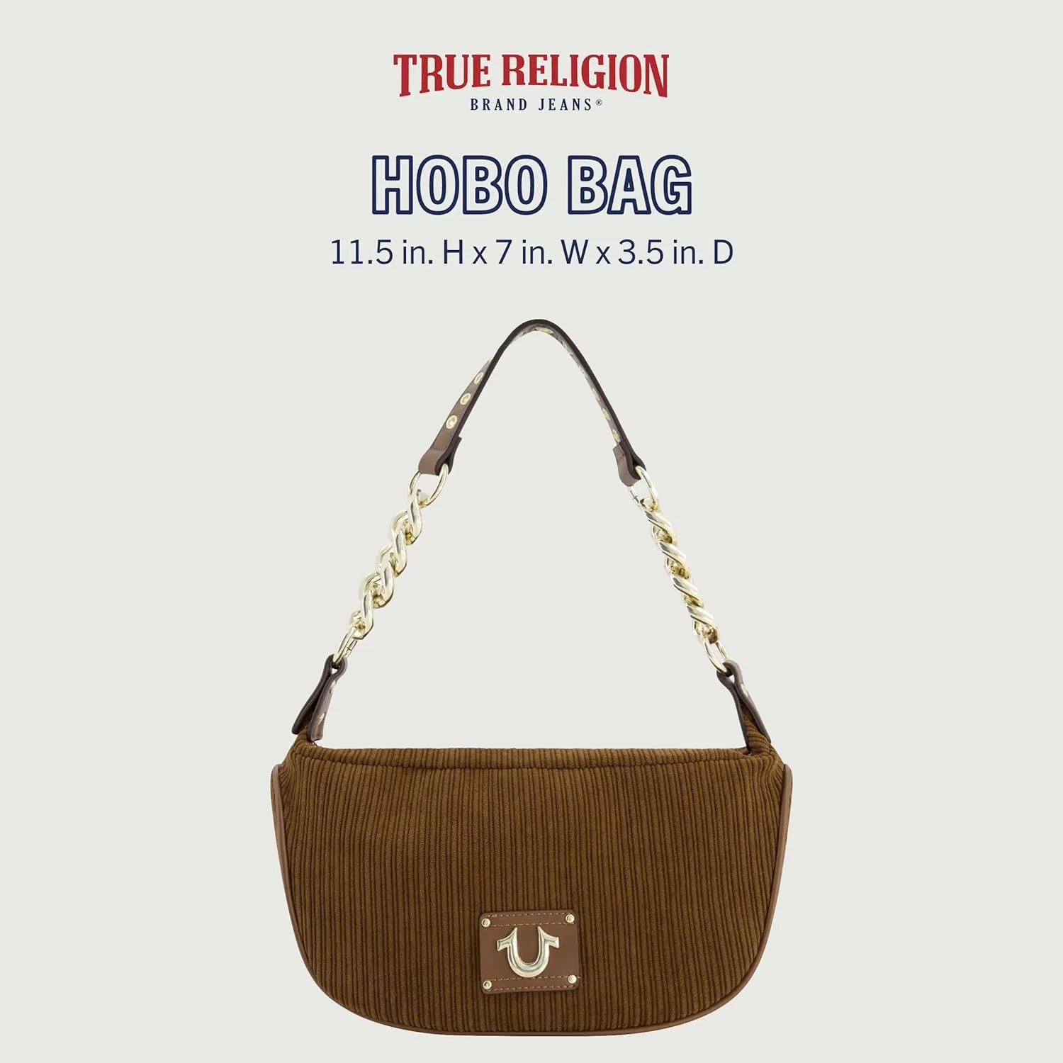 True Religion Women's Shoulder Bag Purse, Corduroy Hobo Handbag with Chain Strap