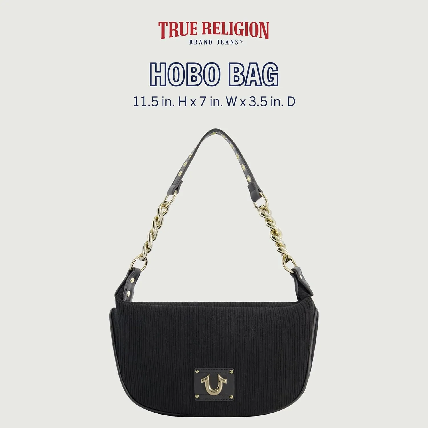 True Religion Women's Shoulder Bag Purse, Corduroy Hobo Handbag with Chain Strap
