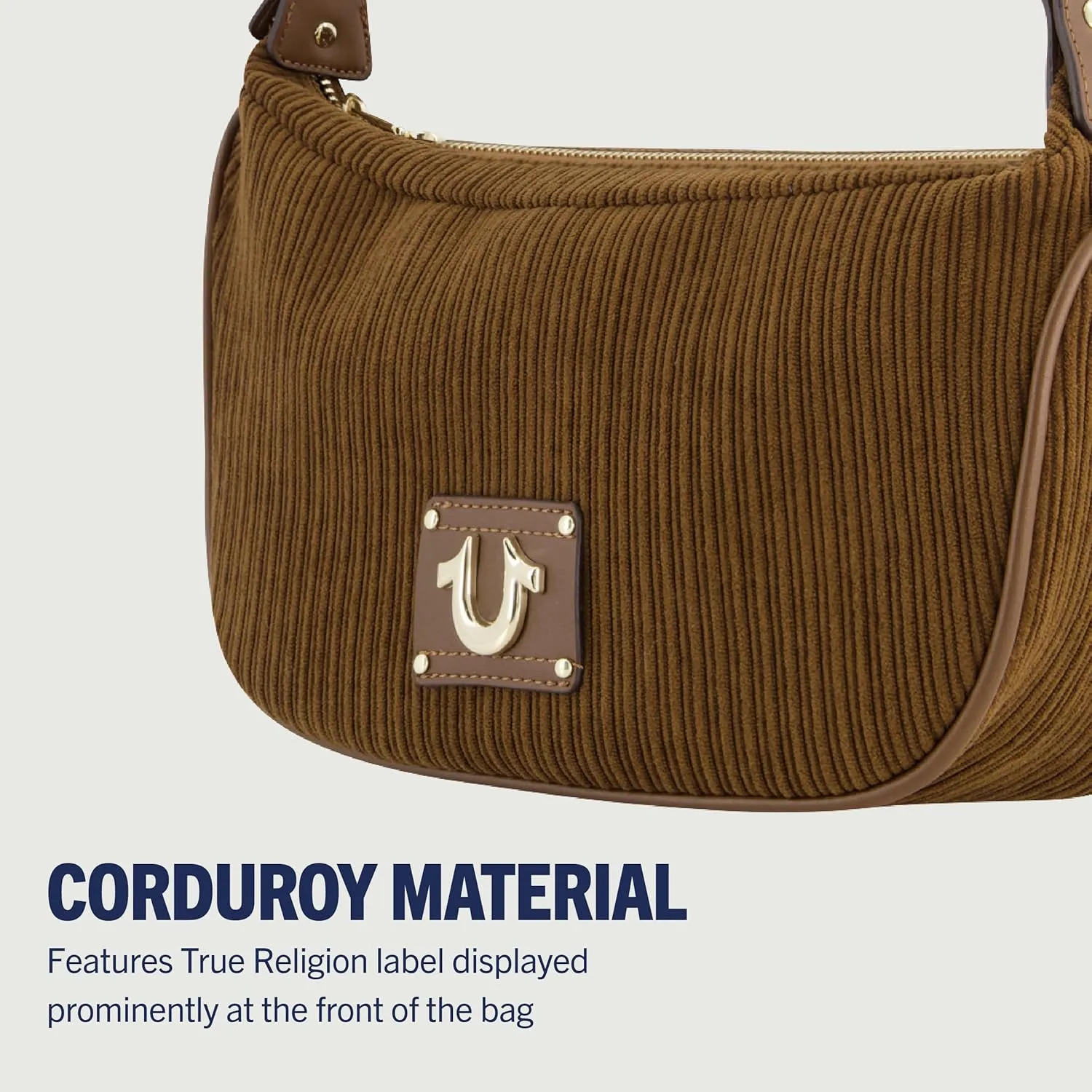 True Religion Women's Shoulder Bag Purse, Corduroy Hobo Handbag with Chain Strap
