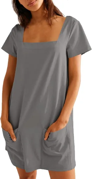 Tshirt Dress Women Summer Short Sleeve Square Neck Mini Dress Casual Cute Shift Vacation Beach Dress with Pockets