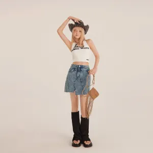 Unbalanced Cut Denim Mini Skirt
