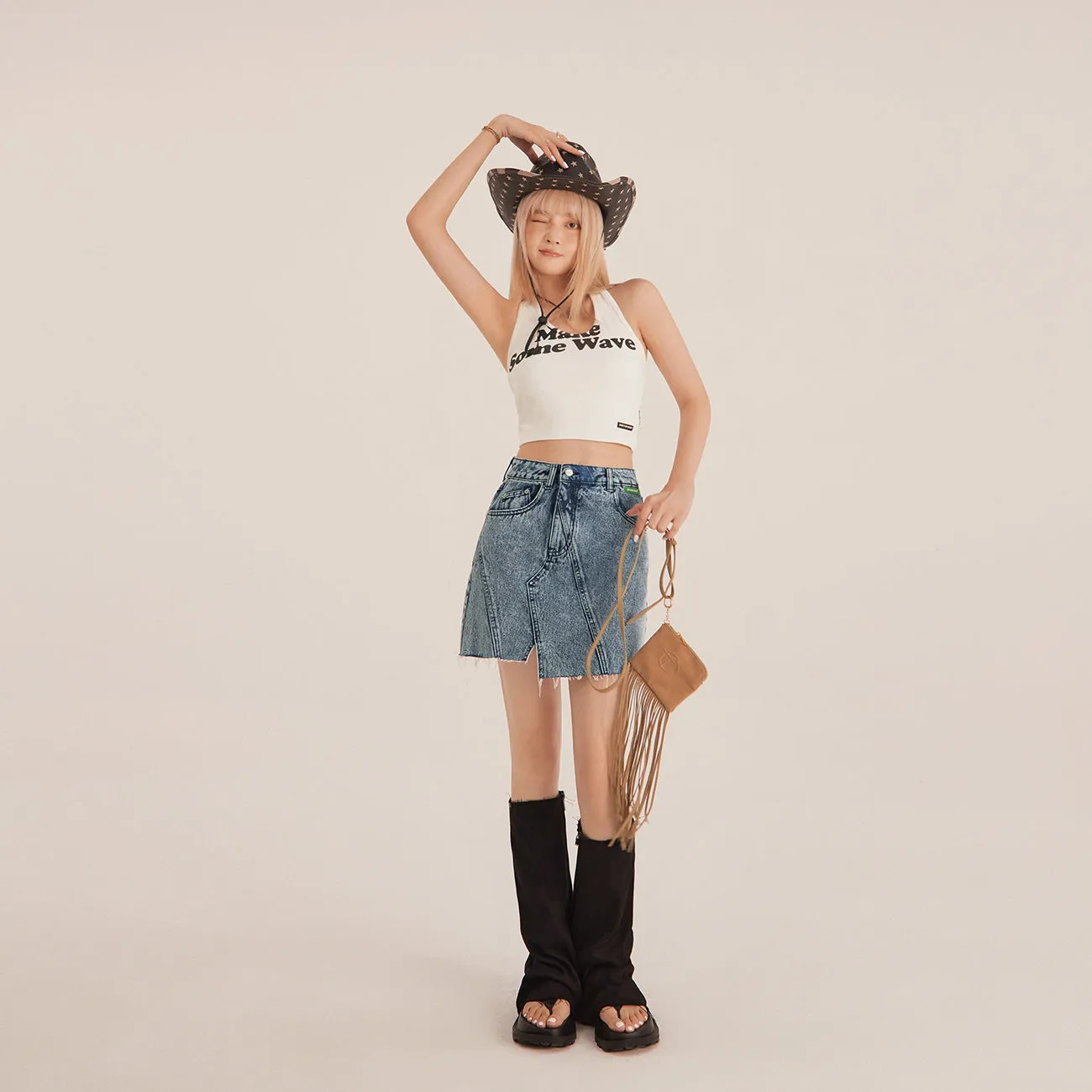 Unbalanced Cut Denim Mini Skirt