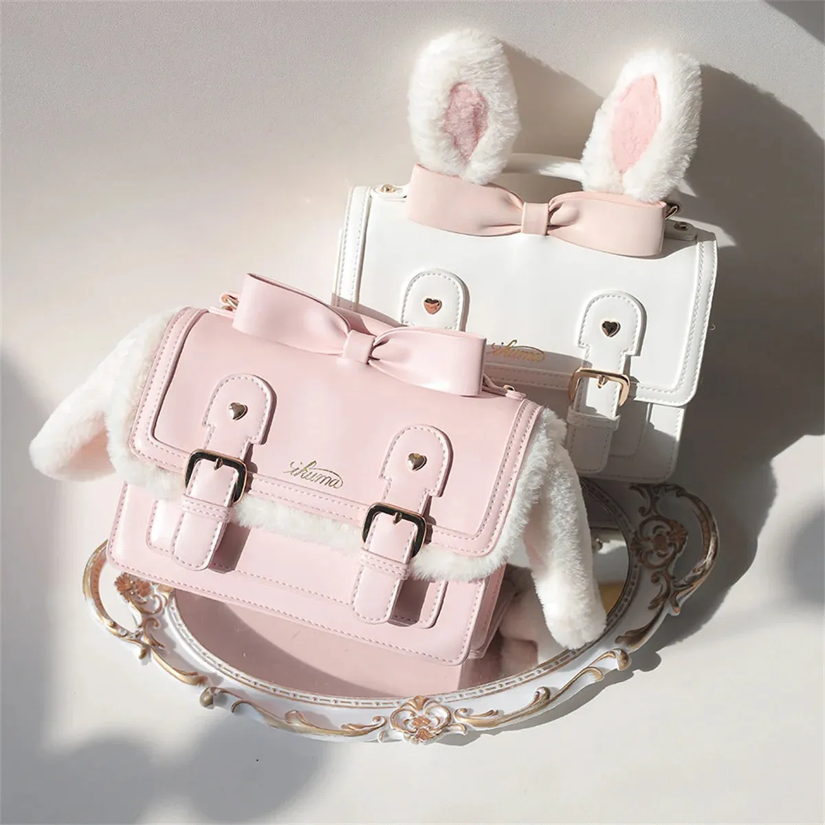Uniwim Japanese Kawaii College Style Cosplay Girls Bag Cute Fluffy Sweet Rabbit  Ear  Bowknot Love Rivet Letters Shoulder Handbag