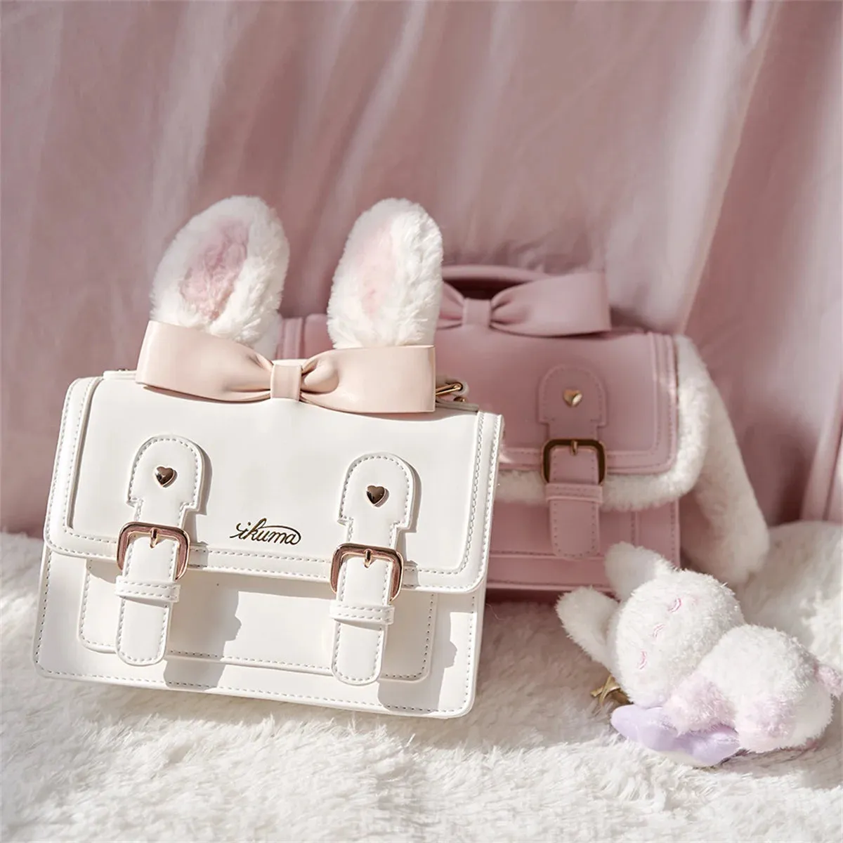 Uniwim Japanese Kawaii College Style Cosplay Girls Bag Cute Fluffy Sweet Rabbit  Ear  Bowknot Love Rivet Letters Shoulder Handbag