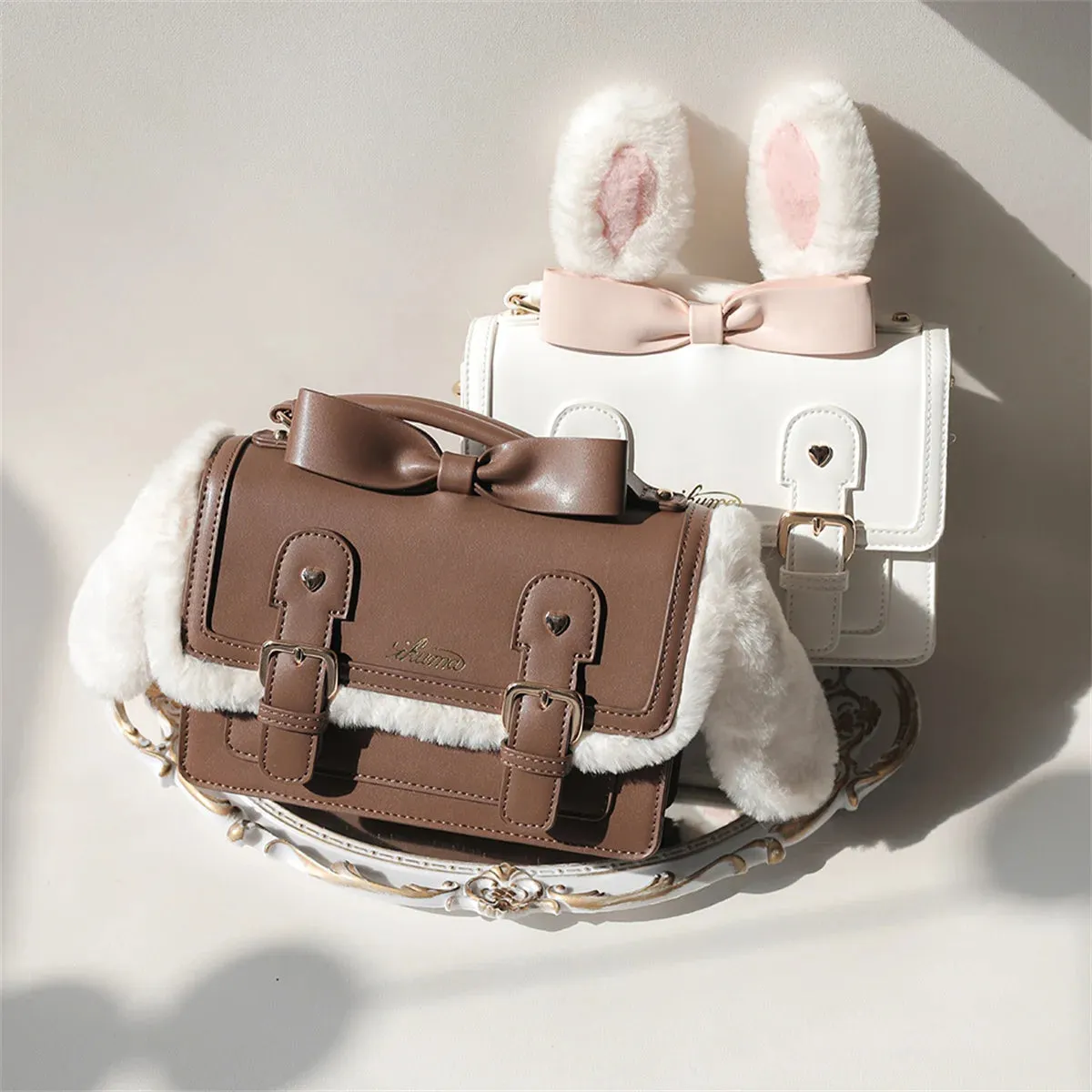 Uniwim Japanese Kawaii College Style Cosplay Girls Bag Cute Fluffy Sweet Rabbit  Ear  Bowknot Love Rivet Letters Shoulder Handbag