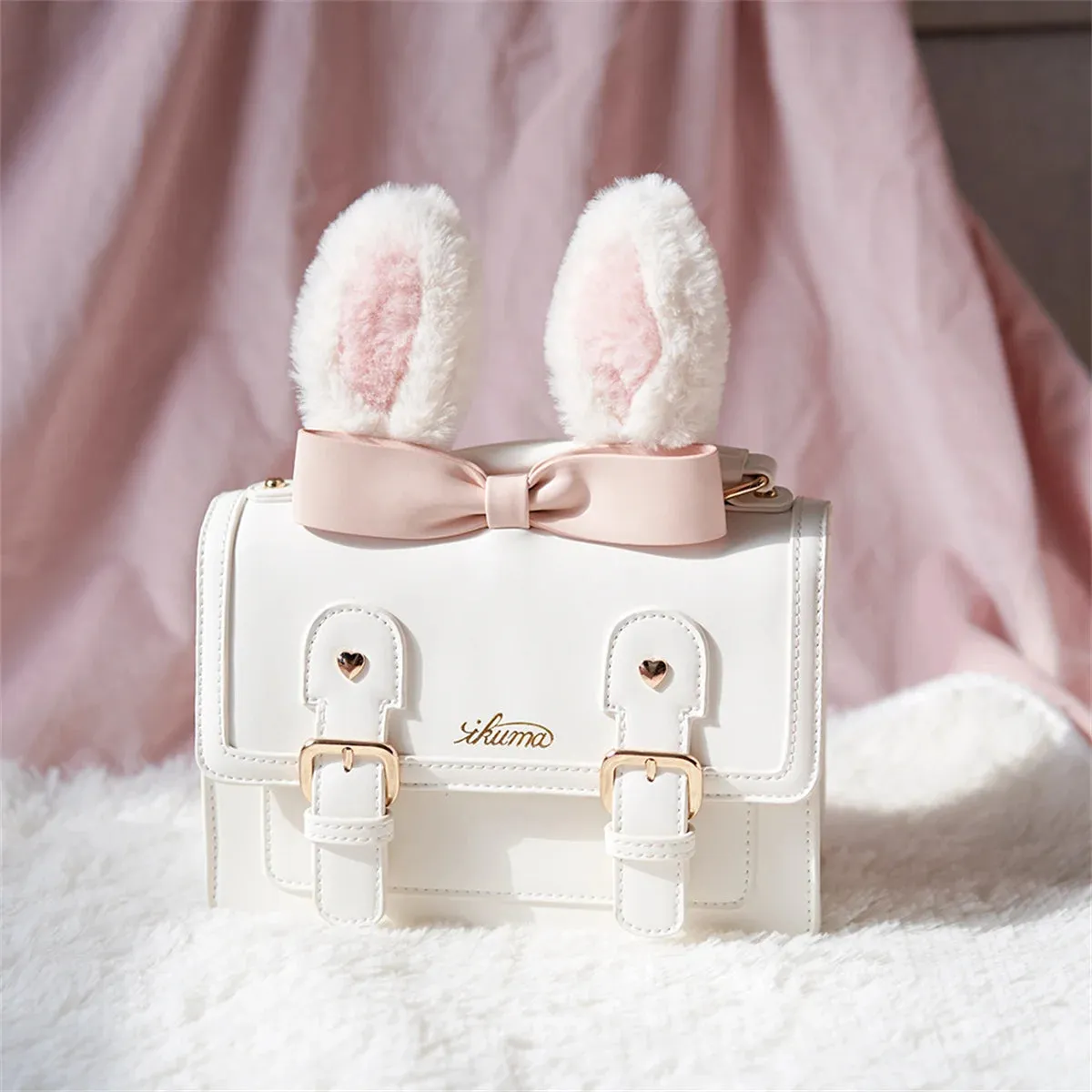 Uniwim Japanese Kawaii College Style Cosplay Girls Bag Cute Fluffy Sweet Rabbit  Ear  Bowknot Love Rivet Letters Shoulder Handbag