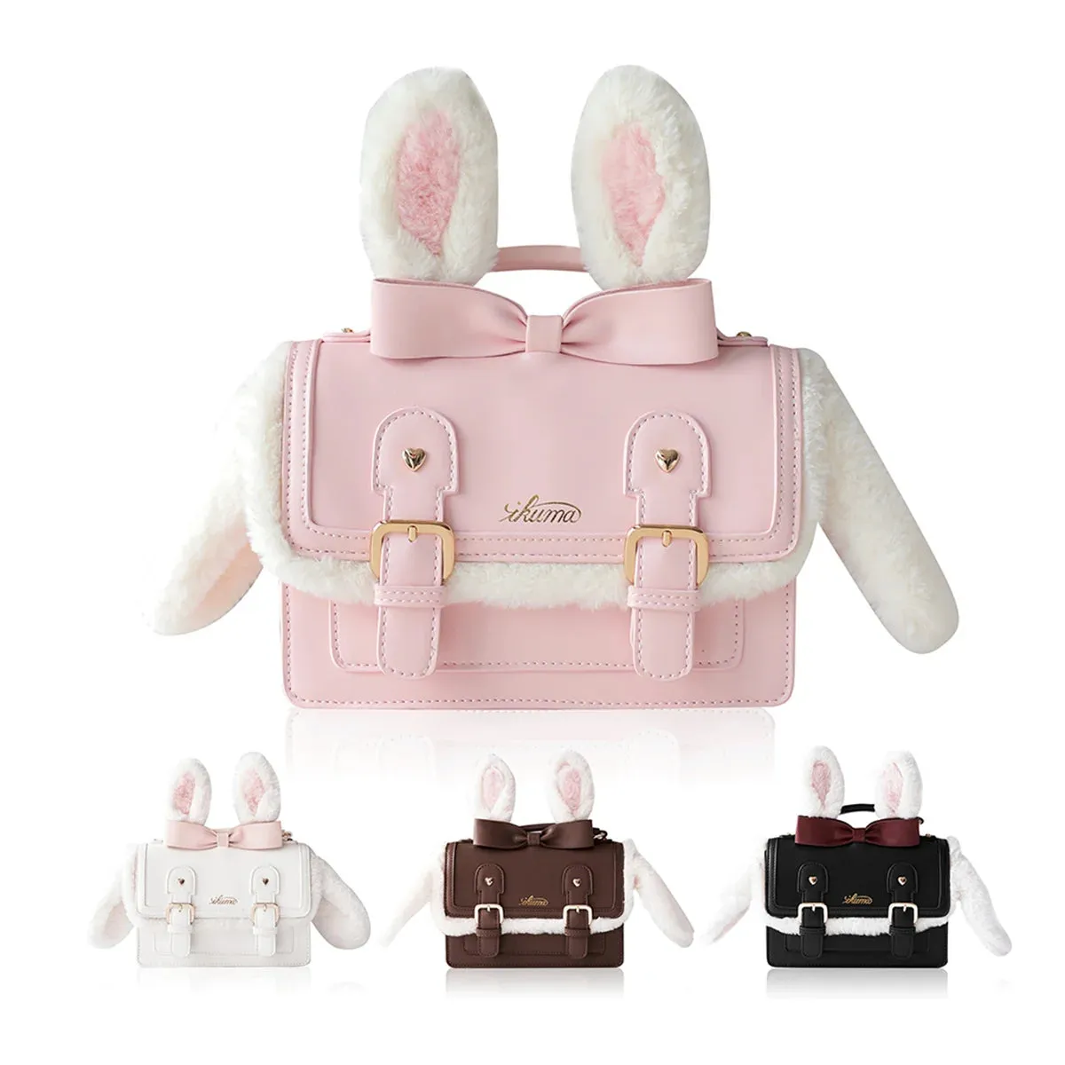 Uniwim Japanese Kawaii College Style Cosplay Girls Bag Cute Fluffy Sweet Rabbit  Ear  Bowknot Love Rivet Letters Shoulder Handbag