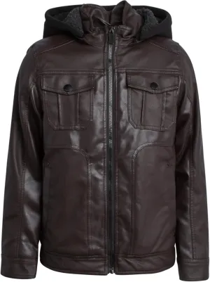 URBAN REPUBLIC Boys Jacket  Faux Leather Biker Jacket  Casual Sherpa Lined Moto Jacket with Sweatshirt Hood (4-20)