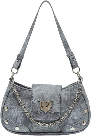 Verdusa Women's Heart Studded Underarm Shoulder Bags Y2k PU Leather Metal Chain Clutch Purses