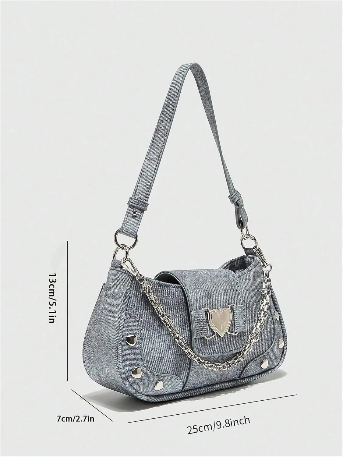 Verdusa Women's Heart Studded Underarm Shoulder Bags Y2k PU Leather Metal Chain Clutch Purses