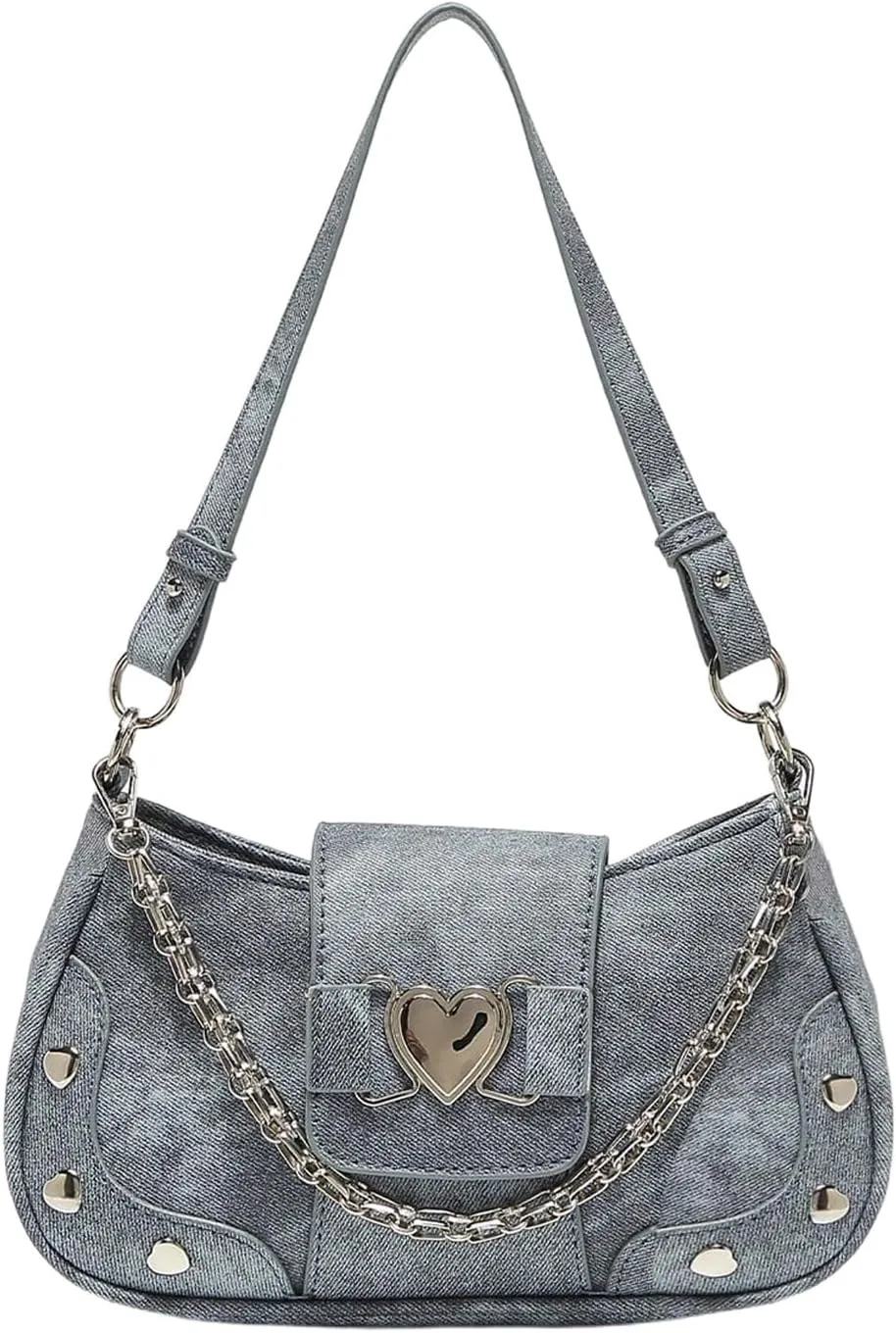 Verdusa Women's Heart Studded Underarm Shoulder Bags Y2k PU Leather Metal Chain Clutch Purses