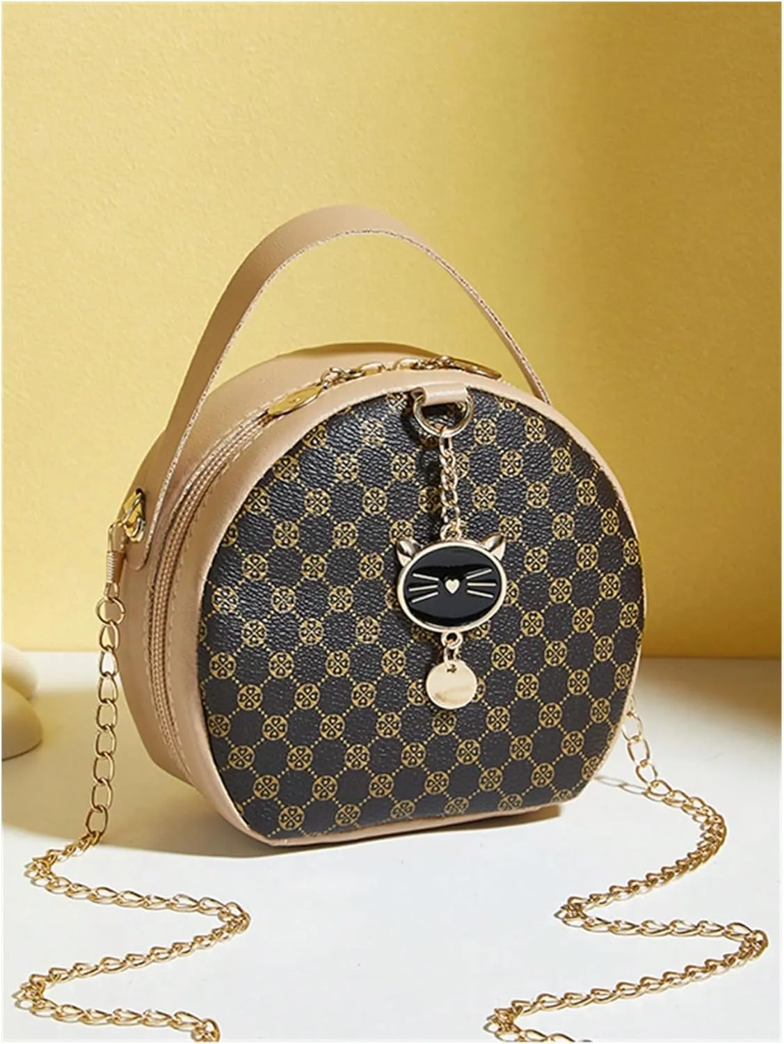 Verdusa Women's Round Crossbody Bags Zipper Top Handle Purses Handbags with Chain Strap