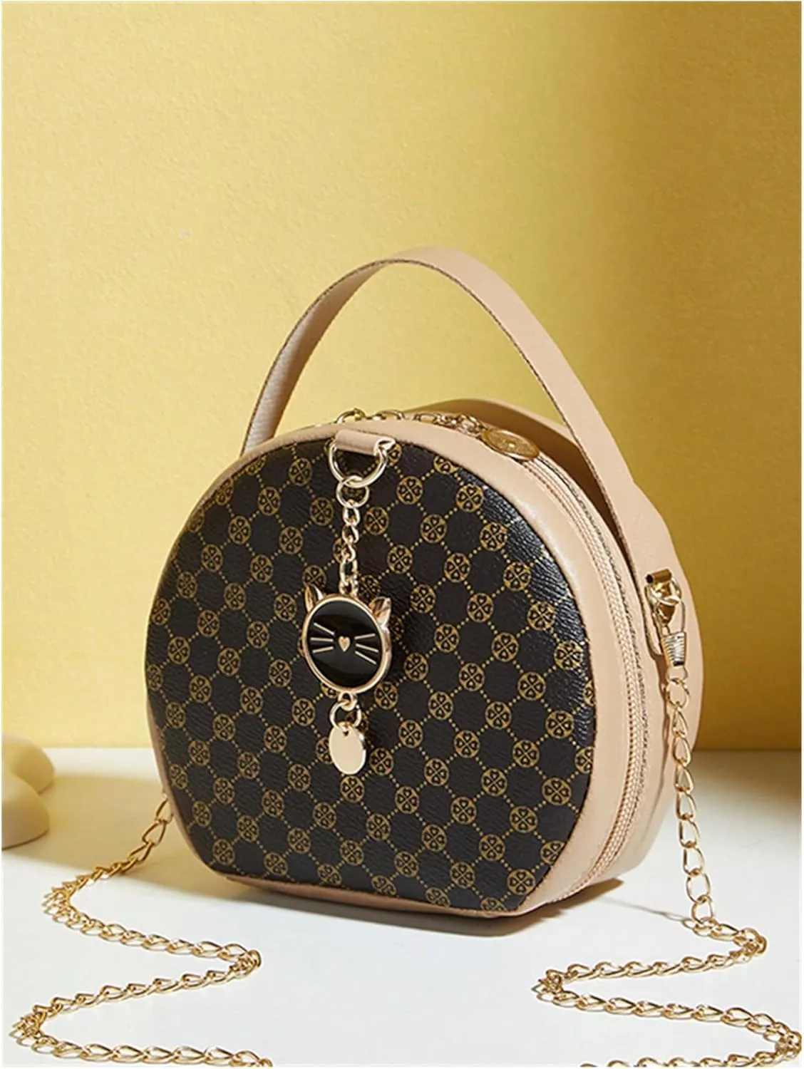Verdusa Women's Round Crossbody Bags Zipper Top Handle Purses Handbags with Chain Strap