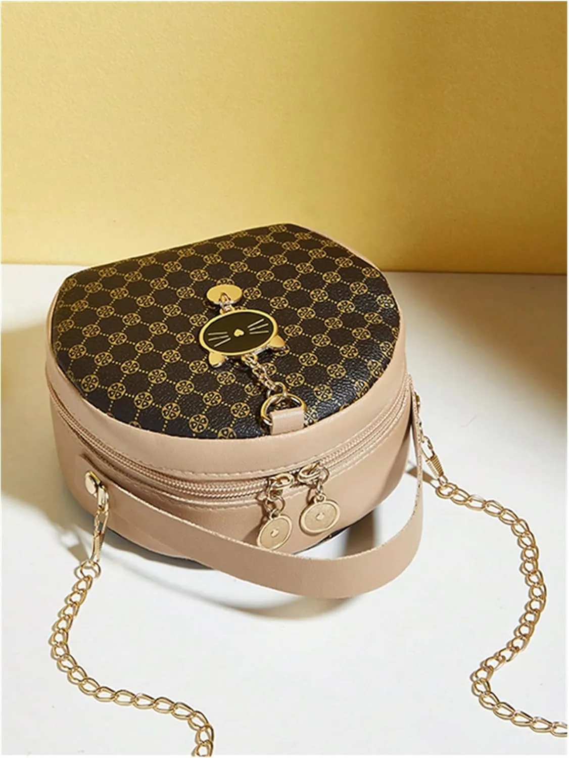 Verdusa Women's Round Crossbody Bags Zipper Top Handle Purses Handbags with Chain Strap