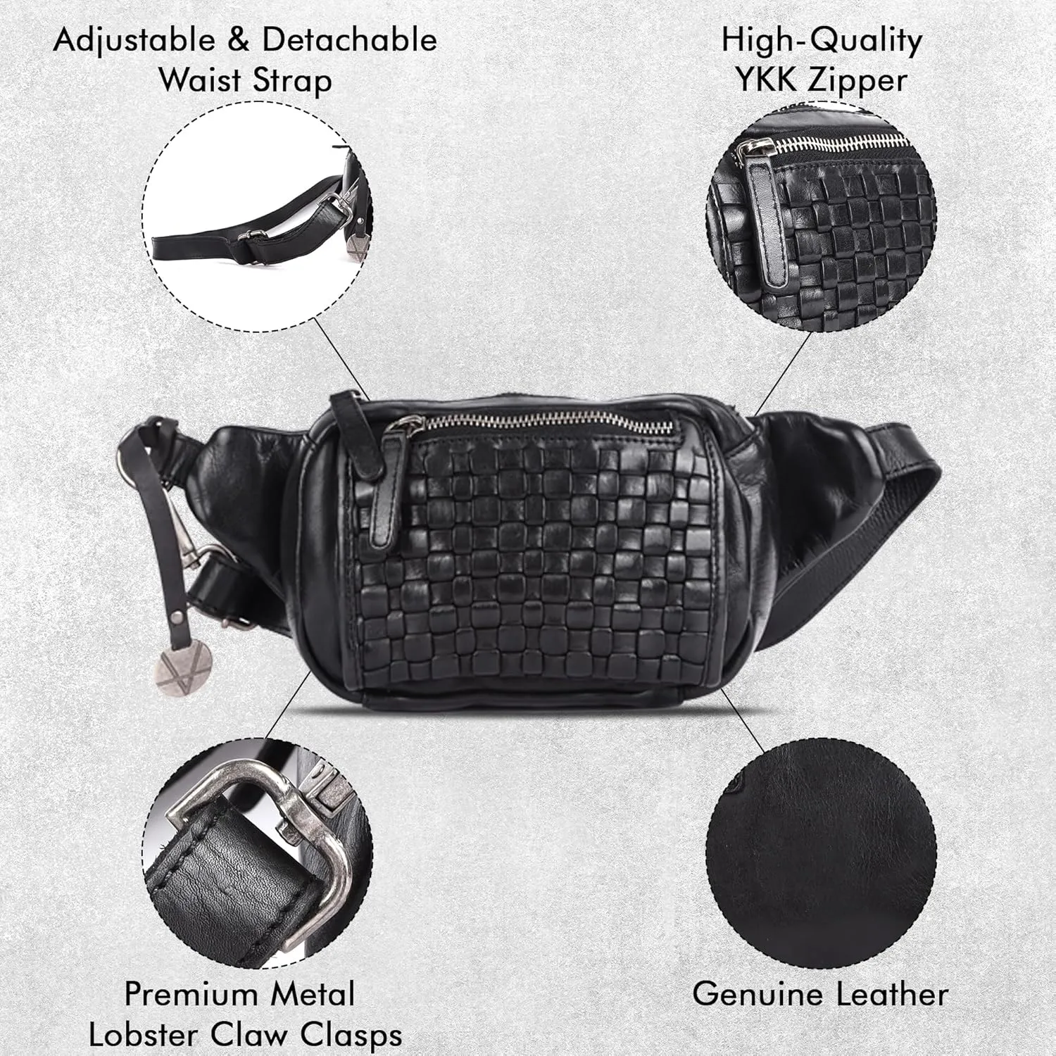Vilenca Holland Stylish Real Leather Waist Bag Elegant Style Travel Pouch With Dust Bag, Black, 20 x 13 x 6, Fit