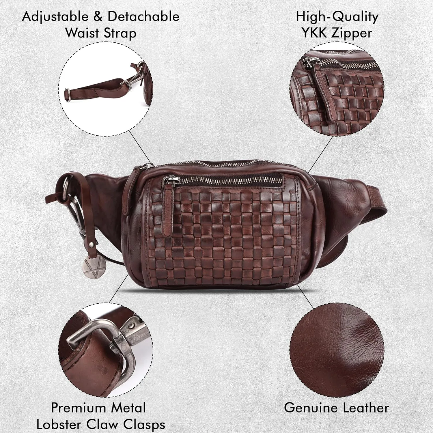 Vilenca Holland Stylish Real Leather Waist Bag Elegant Style Travel Pouch With Dust Bag, Brown, 20 x 13 x 6, Fit