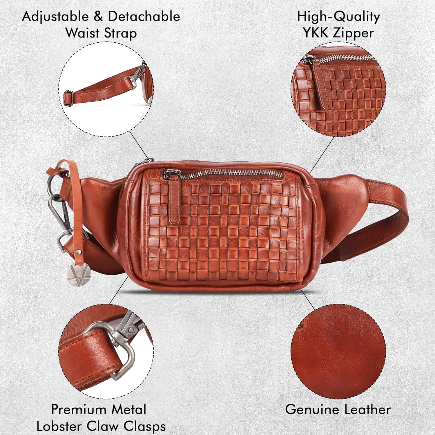 Vilenca Holland Stylish Real Leather Waist Bag Elegant Style Travel Pouch With Dust Bag, Cognac, 20 x 13 x 6, Fit