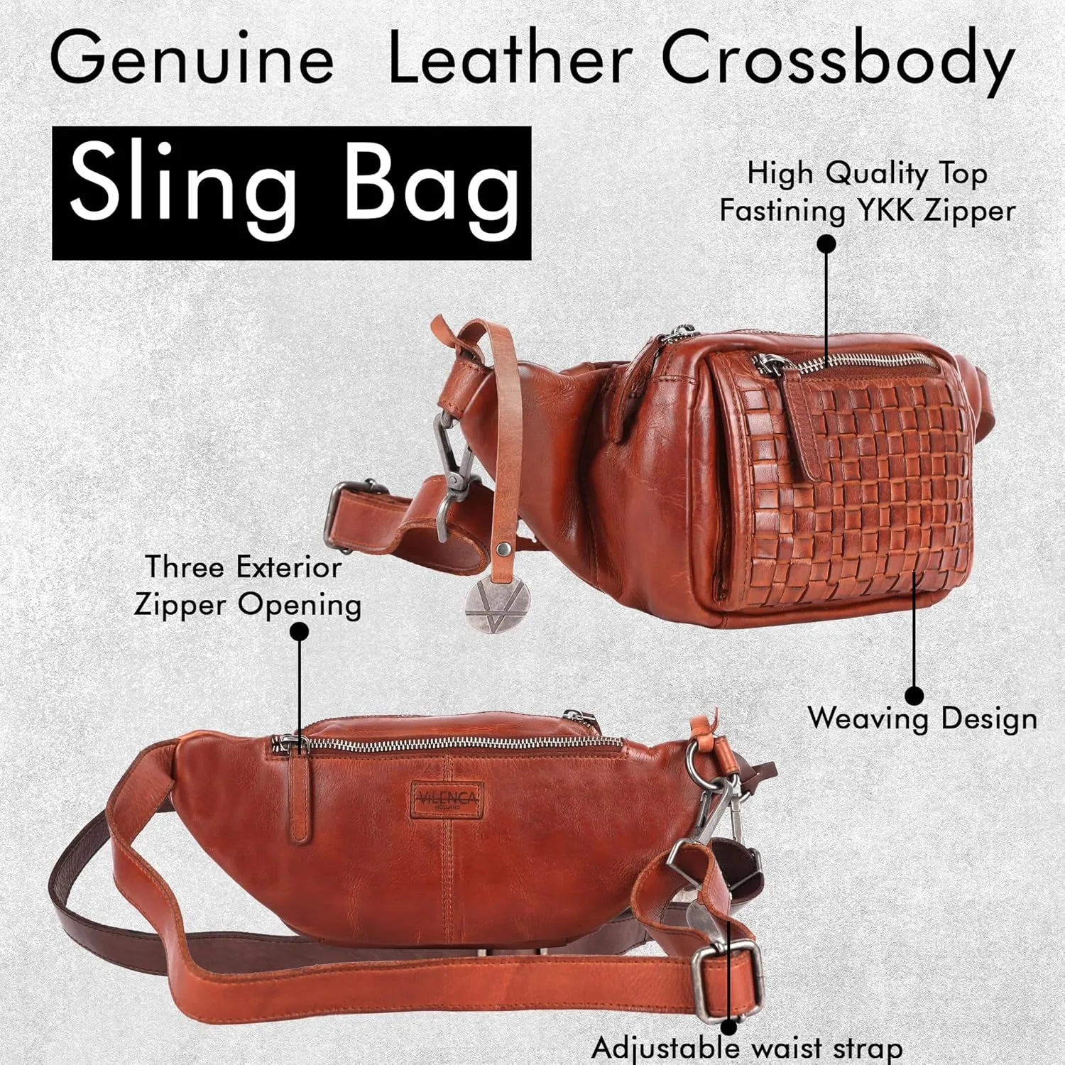 Vilenca Holland Stylish Real Leather Waist Bag Elegant Style Travel Pouch With Dust Bag, Cognac, 20 x 13 x 6, Fit