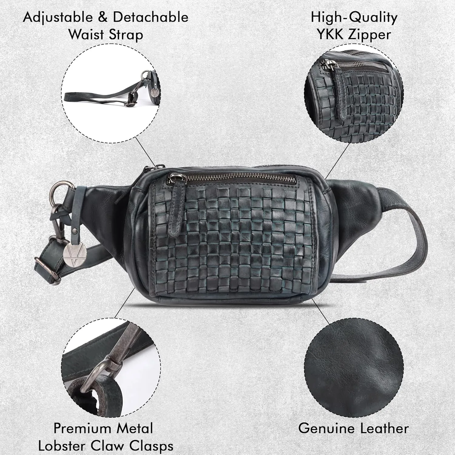 Vilenca Holland Stylish Real Leather Waist Bag Elegant Style Travel Pouch With Dust Bag, Grey, 20 x 13 x 6, Fit